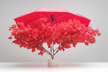 a red umbrella bursting open mid-air into a vibrant explosion of crimson maple leaves, each rib morphing into delicate stems, captured isolated in a high-end