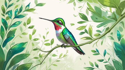 Colorful Tropical Watercolor Hummingbird on Floral Background Illustration