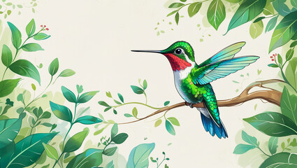 Colorful Tropical Watercolor Hummingbird on Floral Background Illustration