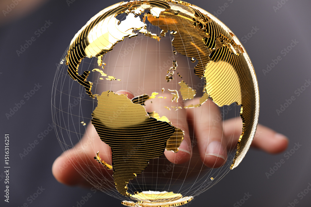 Poster Abstract image of a hand interacting with a golden 3D globe, representing global connections and networking.
