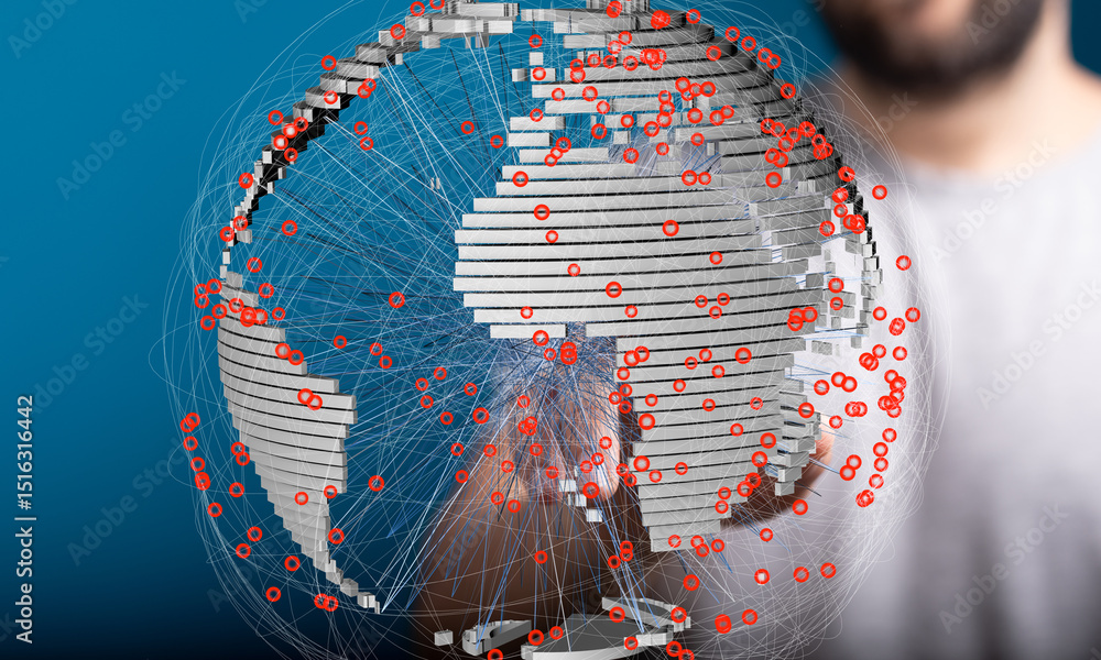 Fototapete Image depicts a 3D model of Earth with interconnected nodes, visualizing global networks and data flow.