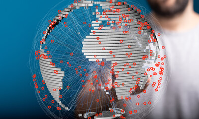 Image depicts a 3D model of Earth with interconnected nodes, visualizing global networks and data...