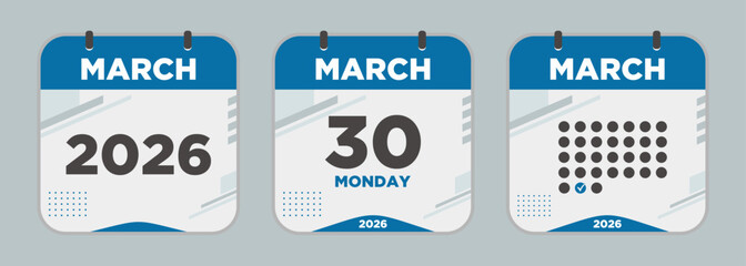 Modern Calendar icon. March. 2026 30 day. The concept of waiting for an important date. Day calendar with date March 30. Cheklist day calendar. Vector illustration