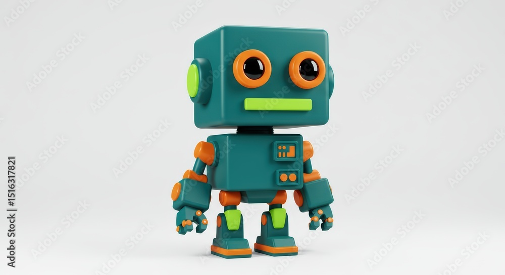 Poster adorable teal robot toy: a 3d rendered image of a cute, friendly robot character
