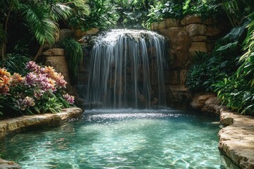 Serene Tropical Waterfall Cascading into a Crystal Clear Pool Surrounded by Lush Greenery and Vibrant Flowers