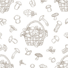 Seamless vector pattern with mushrooms and baskets with mushrooms on white. Hand drawn illustration. Perfect for design templates, wallpaper, wrapping, fabric, print and textile. 