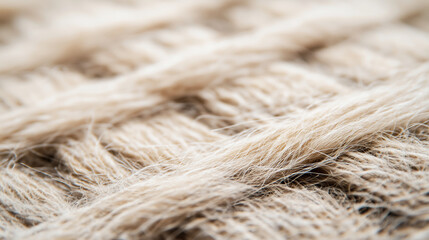 Fototapeta premium Recycled beige fabric revealing textured weave, natural fibers interlacing with subtle shadows and soft lighting highlighting intricate surface pattern