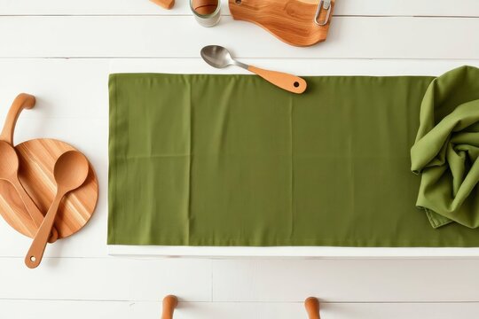 Kitchen scene showcases wooden utensils boards and an olive green runner atop a white table