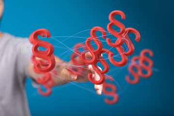 Abstract image of a hand interacting with floating paragraph symbols, representing legal tech or...
