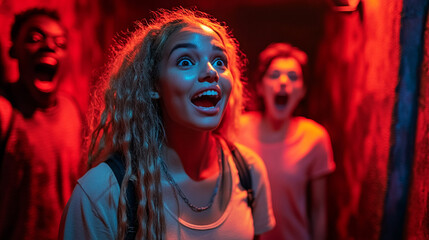 Shocked teens in a dark, vibrant, themed attraction.