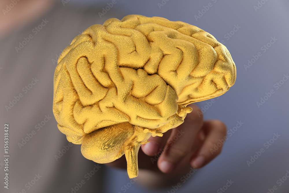 Poster 3d golden brain model. conceptual image for intellect, knowledge, and innovation.
