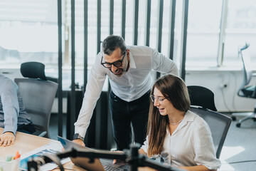 A diverse group of colleagues collaborating around a table in a bright, modern office setting. They...