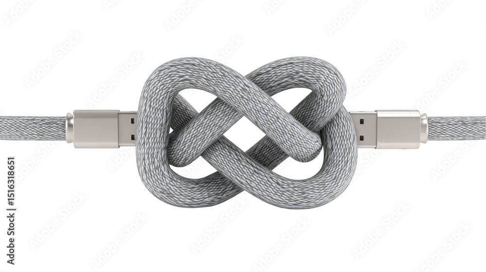 Poster four gray usb c cables forming a celtic knot on a transparent background, creating a visual metaphor