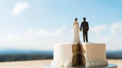 Wedding cake figurines divided, separated bride and groom standing distant, signaling relationship breakdown with pastel sky backdrop