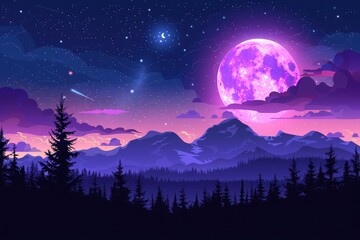 Naklejka premium Nocturnal night silhouette detailed quiet stars moon calm peaceful nature dark tranquil serene shadow