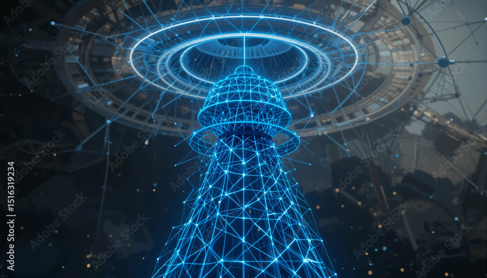 Poster futuristic tower made of blue glowing mesh networks and circular structures in a science fiction env