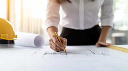 Skilled architect drafting construction blueprint, measuring and planning with precision using professional design tools at workspace