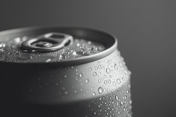 Close-up of cold metallic drink can with condensation droplets, macro photography, minimalist style, refreshing look, silver texture, modern beverage design, high contrast lighting, grey background