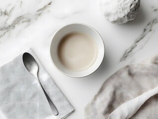 Creamy White Sauce in Ceramic Bowl on Marble Surface with Spoon