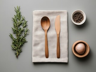 Wooden Kitchen Utensils on Table with Herbs and Spices in Bowls