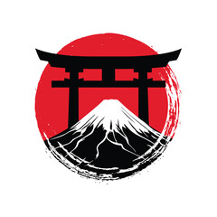Japanese Mount Fuji Torii Gate Red Sun modern style vector illustration logo design for fashion graphics, t-shirts, prints, posters, gifts, stickers