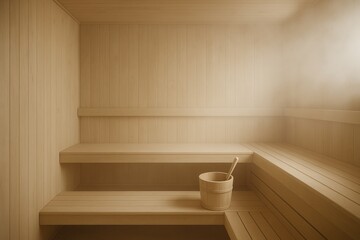 Minimalist nordic sauna interior design with wooden elements for relaxation and serenity