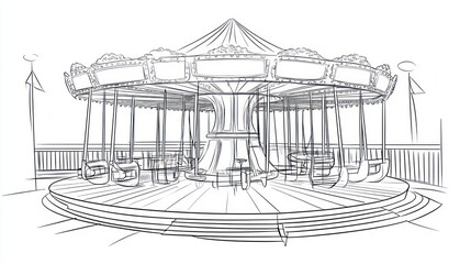 A detailed line drawing of a vintage carousel