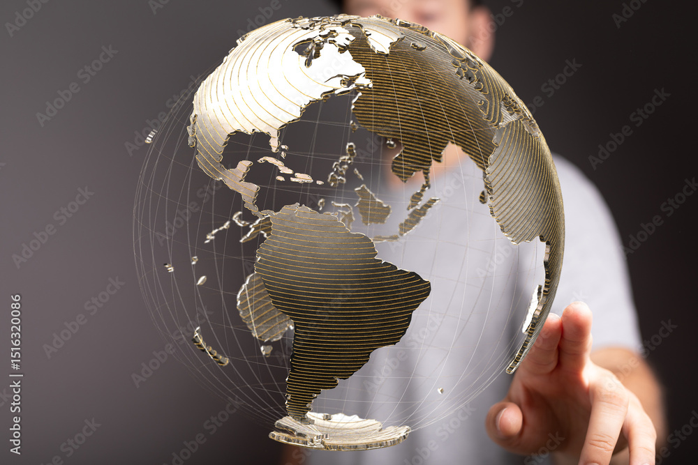 Aufkleber A man interacts with a transparent 3D model of Earth, showcasing global connectivity and networking.