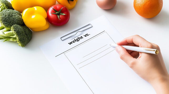 Nutritionist tracking weight loss progress, recording data on clipboard near fresh produce and eggs, promoting healthy eating habits