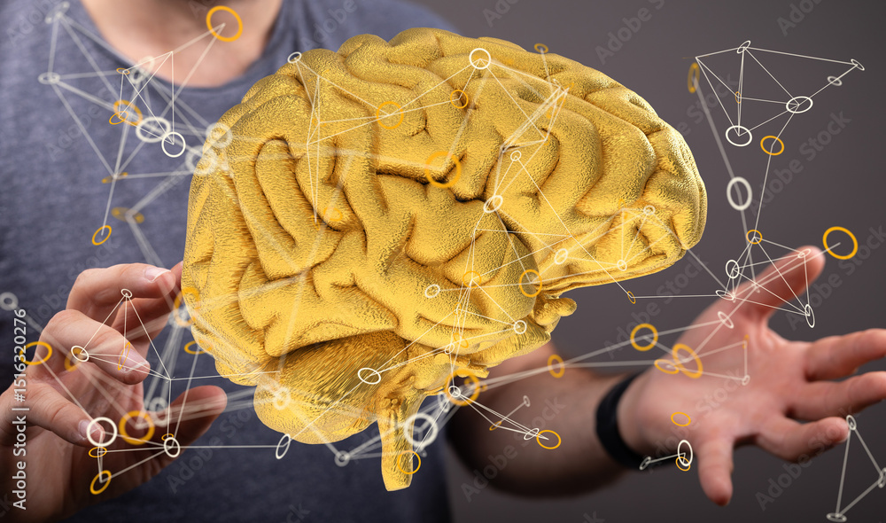 Aufkleber Abstract image of a golden brain model with network connections, representing intelligence and AI.