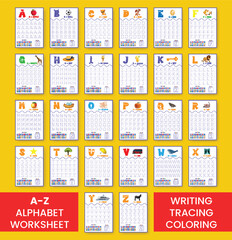 set of A to Z Alphabet learning and writing practice tracing worksheet template bundle, ABC writing, tracing, coloring practice a4 print ready worksheet vector template pack for kids