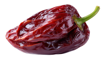 Dried Red Chili Pepper with Glossy Surface and Green Stem on Transparent Background