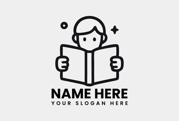 Simple line art icon depicting a person with an open book, symbolizing reading, learning, and education. Education concept