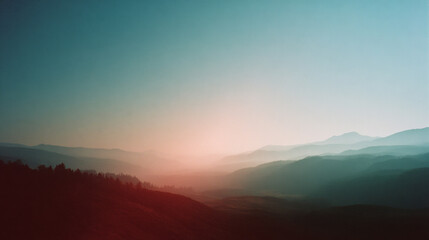 Obraz premium Light leak casting red glow over misty mountain terrain, generating surreal sunset ambiance with dreamlike visual texture