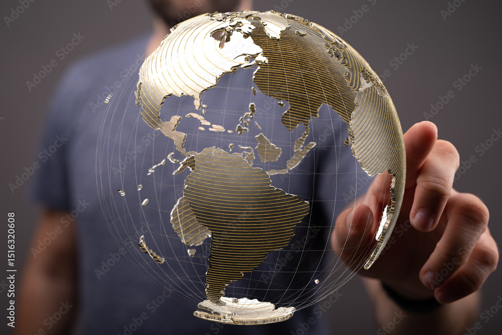 Poster Man interacts with a digital globe, symbolizing global networking and connections.