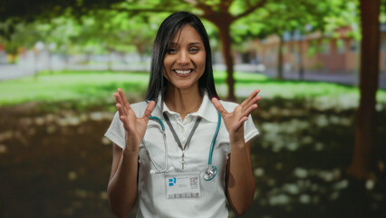 Woman doctor with stethoscope rubs eyes in a sunny park setting, showcasing stress or fatigue in a serene outdoor environment.
