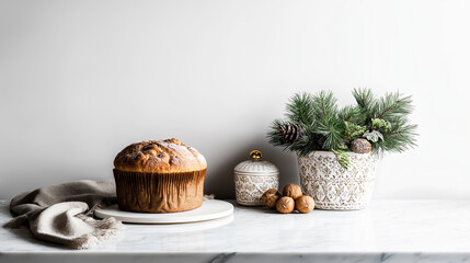 Soft toned minimalist scene with panettone, pine sprigs, walnuts scattered across marble surface, radiating festive winter warmth and holiday elegance