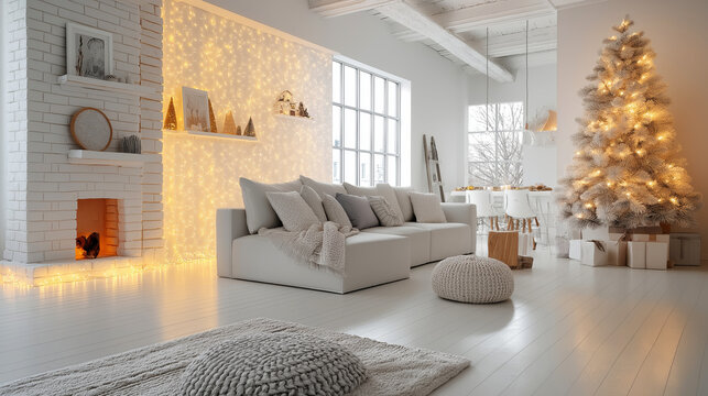 Cozy Christmas interior with white sofa, fireplace, Christmas tree with lights and projection mapped Christmas lights on wall - Powered by Adobe