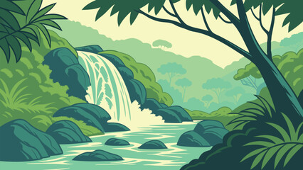 AdTropical Jungle Waterfall &ndash; Vibrant Vector Illustration