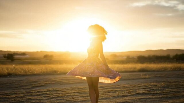 Woman twirling in a dress against a bright golden sunset landscape