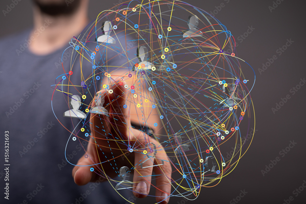 Poster person interacts with a digital network, showing global connections and communication.