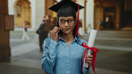 Young woman in blue shirt holding diploma and adjusting glasses in an old university indoor setting