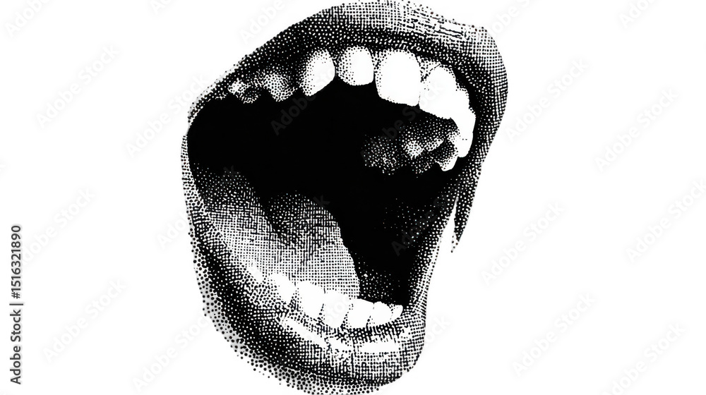 Poster halftone pattern creates a dramatic effect on a wide open mouth, expressing intense emotion, fear, o