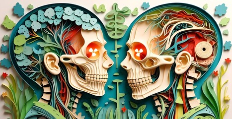 Detailed cross-section of child’s head, glowing strontium-90 in teeth/jaw, skeletal/neural pathways white background, labeled parts with the fresh garden in quilling paper style.