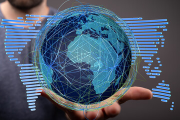 Image of a hand holding a digital globe, illustrating global connectivity and networking.