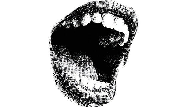 Halftone pattern creates a dramatic effect on a wide open mouth, expressing intense emotion, fear, or excitement, perfect for conveying powerful messages on a transparent background