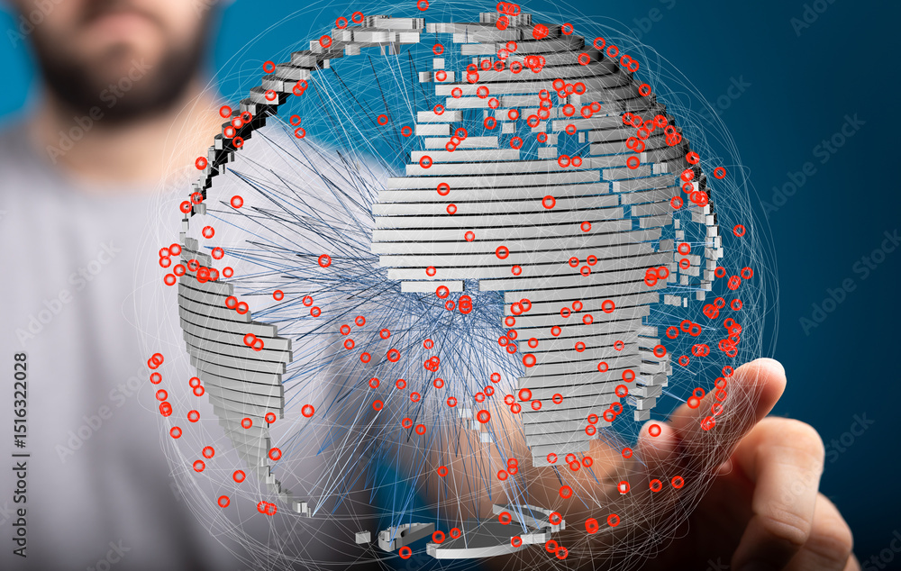 Poster visual representation of worldwide interconnectedness. data streams and global network.