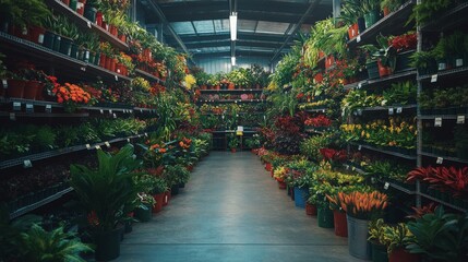 Vibrant greenhouse retail nursery from home depot garden center near me showcasing colorful tropical plants and flowers in organized indoor displays