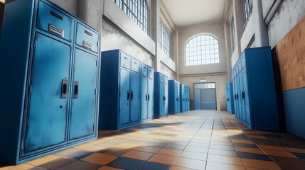 A long hallway lined with vintage blue lockers.