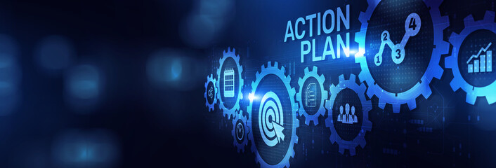 Action Plan Strategic Execution and Goal Setting on a Wide Banner, Business and Technology Concept.